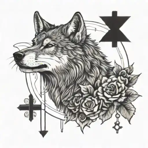 Wolf Surrounded By Roses And A Cross And A Bible Verse And The Wolf Is Bowing To The Sun Or Moon