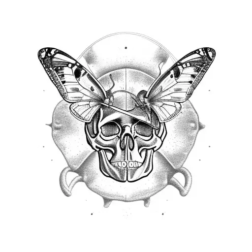 Gray Detailed Skull With A Colored Butterfly Coming Out Of The Eye