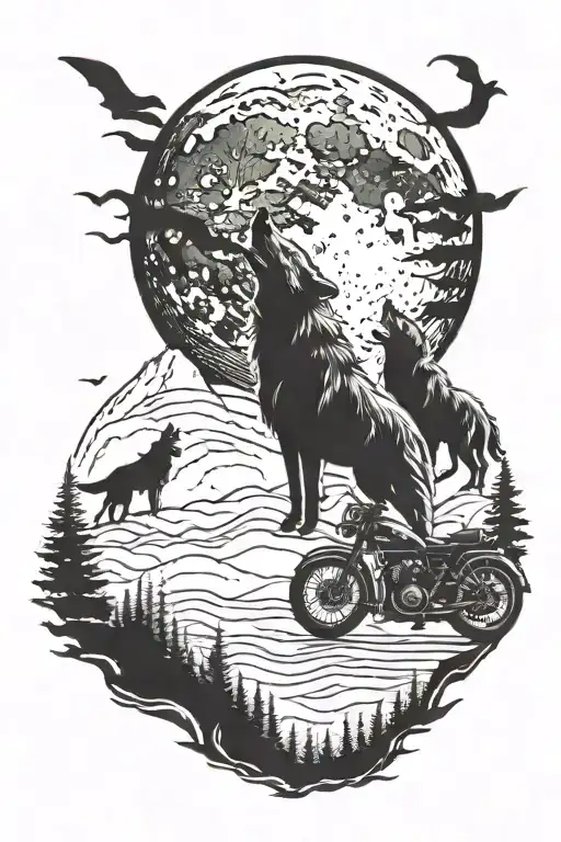 A Pack Of Wolves Howling At The Moon With A Motorcycle Silhouette In The Background