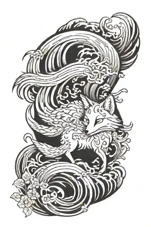 Japanese Fox With Waves Flowing And Plants Coming
