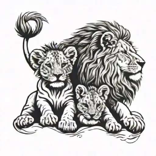 A Lion And A Lioness Embrace At Their Feet Sits A Lion Cub