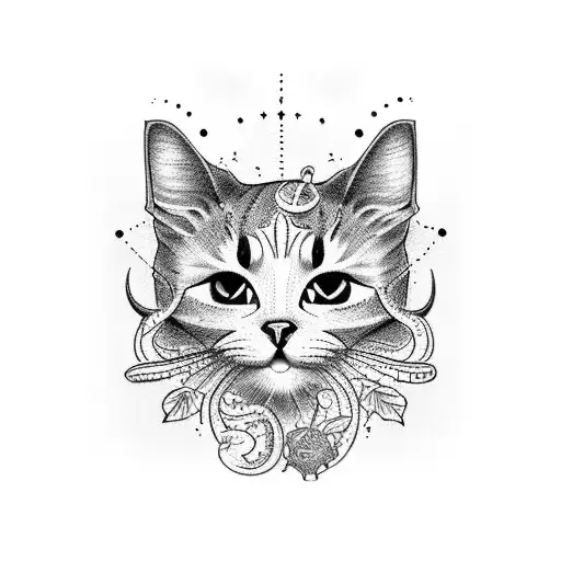 A Dotwork Tattoo Of A Cat Drawing A Portrait Of A Dino
