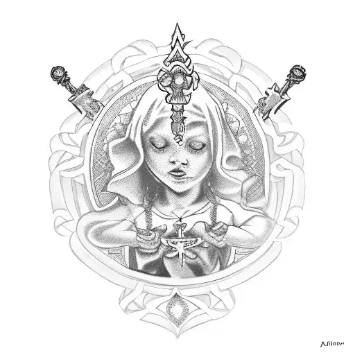 One Center Dagger With One Rosary Wrapped Loosely Around It And A Few Baby Angels Around It