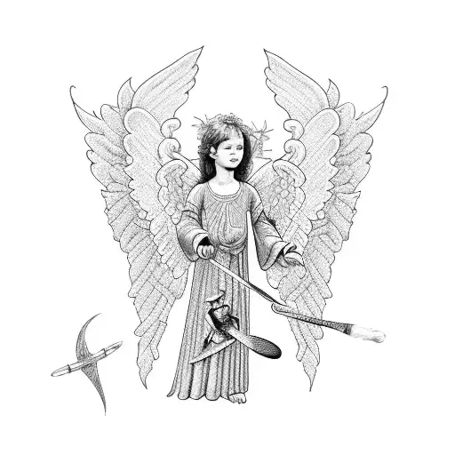 A Detailed Blackwork Tattoo Of An Angel Playing A Sport Related To Trabalho