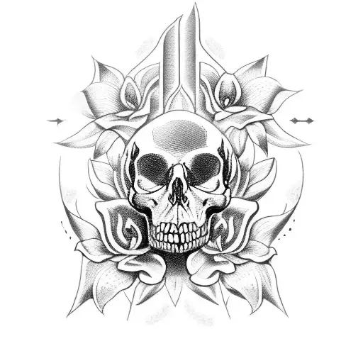 2 Skulls Pierced By A Dagger Surrounded By Lilies Flowers