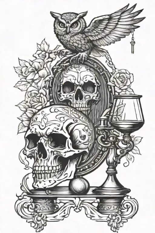 Skull Above Owl With A Half Full Chalice On One Side And Weight Scale On The Other Side