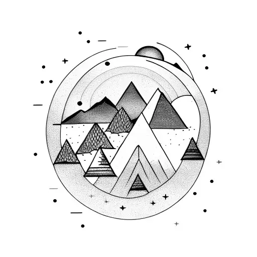 Mountain Outline With Crescent Moon In Background And Constellations