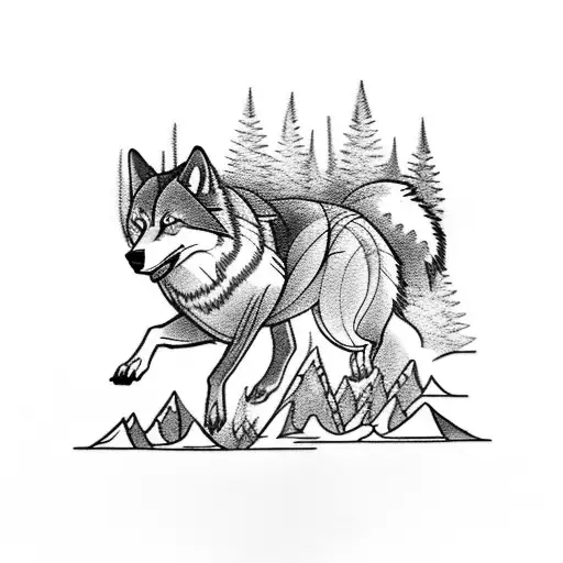 A Tattoo Design Featuring A Wolf Running Through A Forest With A Mountain Backdrop