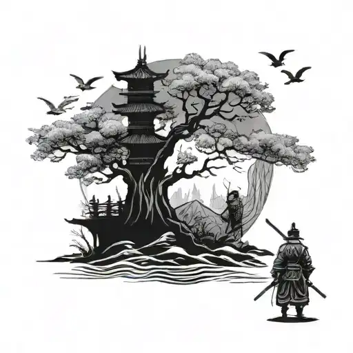 A Family Of Samurai Warriors Standing Tall Among A Sea Of Trees