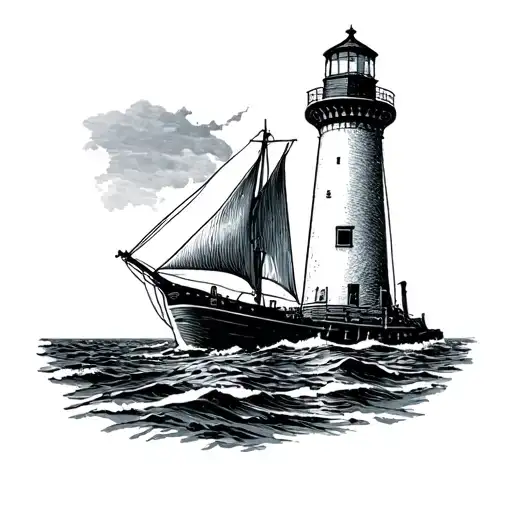 Lighthouse Postage Stamp With A Sail Boat Sailing