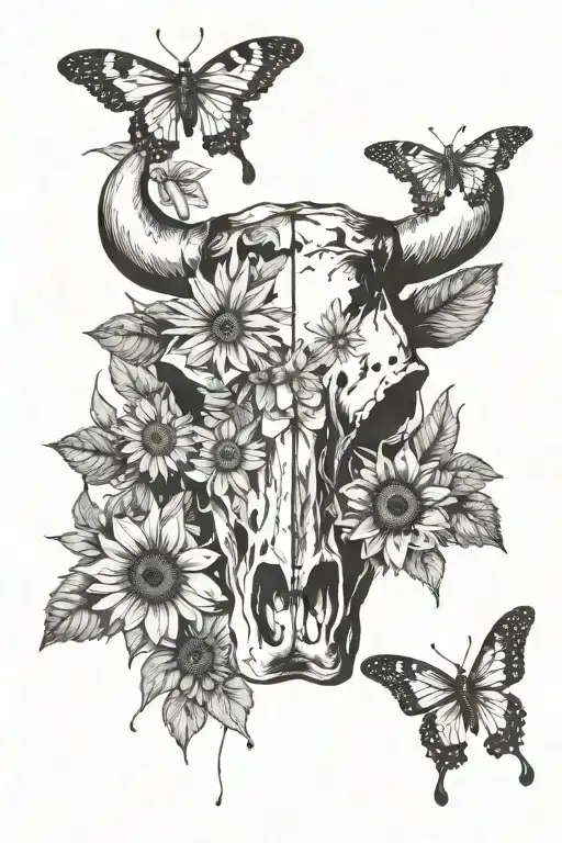 Cow Skull With Sunflowers And Butterflies Fluttering