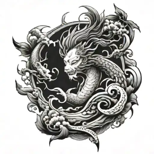 Japanese Mythology Leg Tattoo Sleeve Black And White