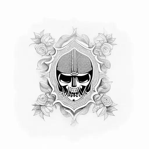A Detailed Blackwork Tattoo Of A Raiders Helmet Surrounded By Intricate Floral Patterns