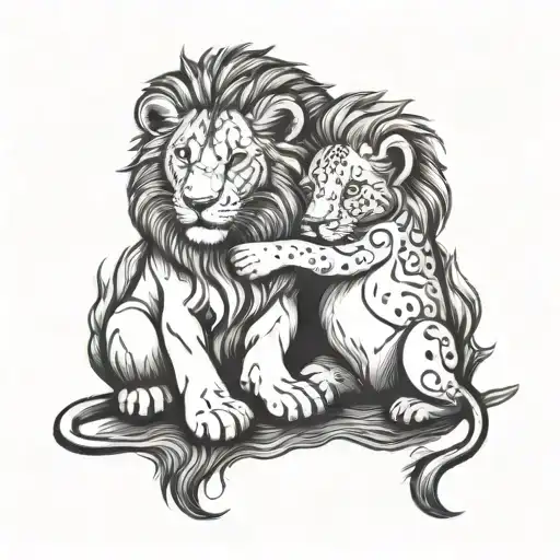 A Lion And A Lioness Embrace At Their Feet Sits A Lion Cub