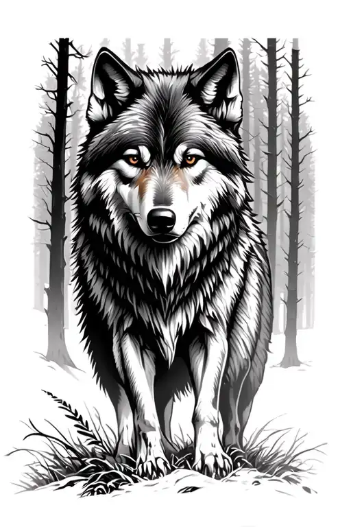 Lone Gray Wolf Standing In The Deep Forest