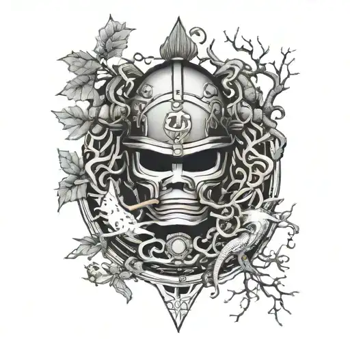 A Family Crest Featuring Samurai Helmets And Sea Creatures Intertwined With Branches Of Trees