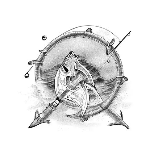 An Intricate Design Of A Fishing Rod And Children Playing By The Sea