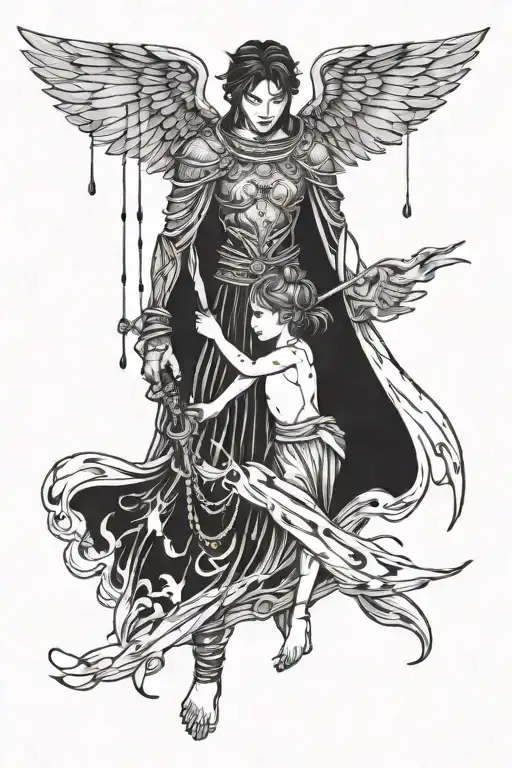 Warrior With Wings Of Rain Holding A Child's Hand