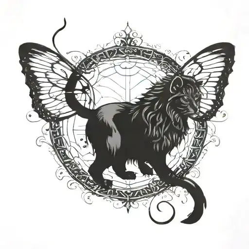 Cat's Lower Body Going Through A Semi Colon Like A Portal But Becomes A Lion With A Butterfly