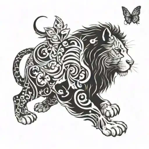 Cat's Lower Body Going Through A Semi Colon Like A Portal But Becomes A Lion With A Butterfly