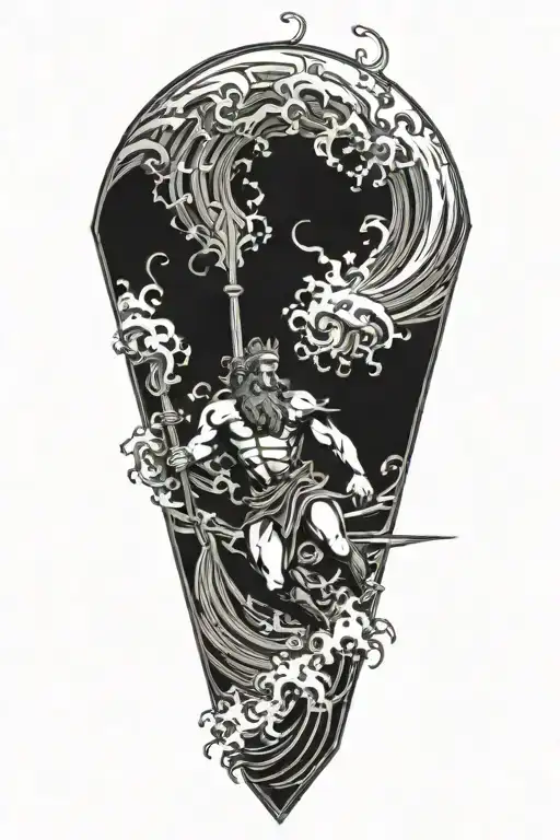 Poseidon Holding A Trident Riding Wave Crashing