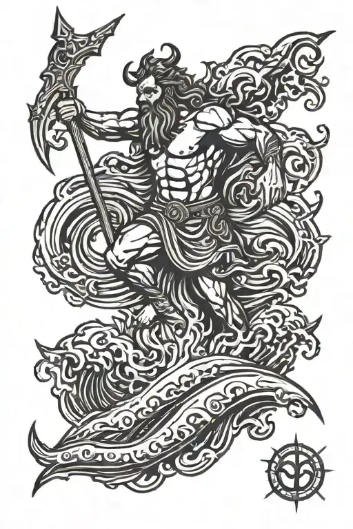 Poseidon Holding A Trident Riding Wave Crashing