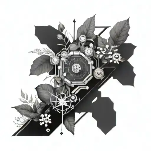 A Futuristic Computer Tech-themed Tattoo With Nature Elements Like Plants And Flowers
