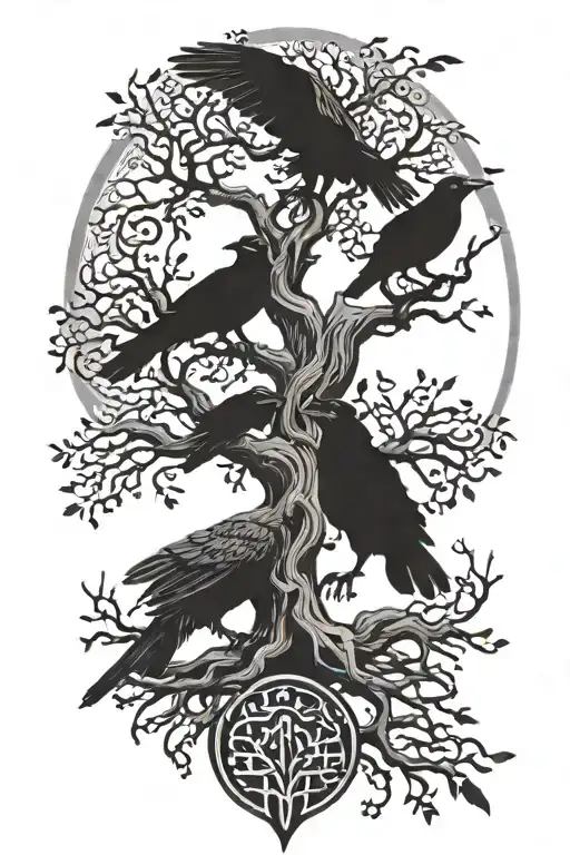 Yggdrasil Tree With Odin And Ravens Huginn And Muninn