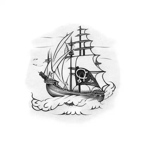 A Black And White Pirate Ship And Viking Ship On The Ocean