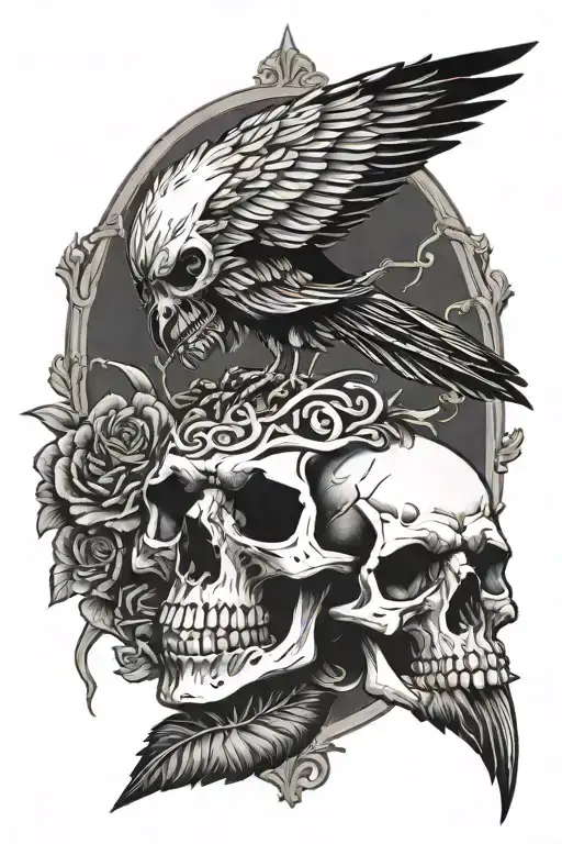 Skull And A Raven Sitting