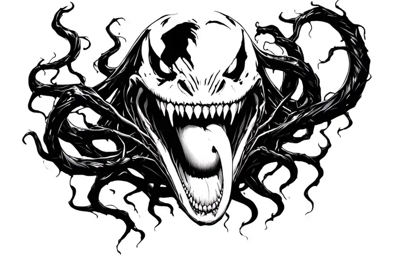 Venom Portrait With Open Mouth Open And Long Tongue Surrounded By Tendrils