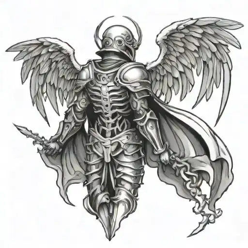 Create A Back Tattoo Where You Can See The Angel Of Death Falling From The Sky Covered In Armor