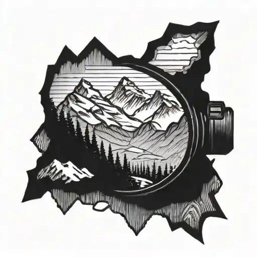 A Majestic Mountain Range With A Camera Lens Peeking Out From Behind The Peaks