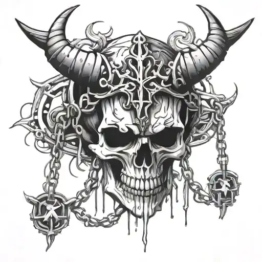 Skull With Horns And Chains