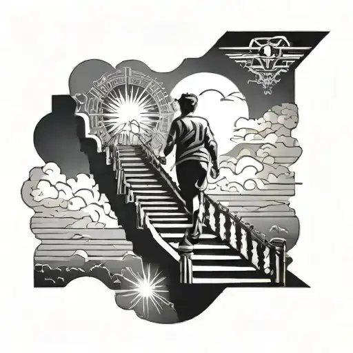 Forearm Tattoo Of Someone Walking Up Stairs With Clouds Around And Sun Rays At The Top