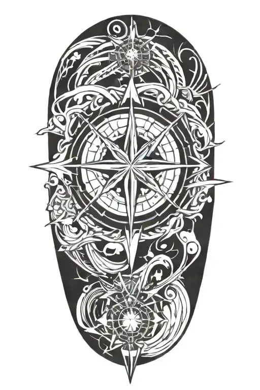 A Geometric Compass Rose Intertwined With Flowing Waves And A Radiant Sun