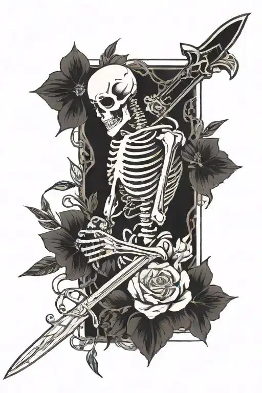 Skeleton Being Stabbed With Sword And Floral Background