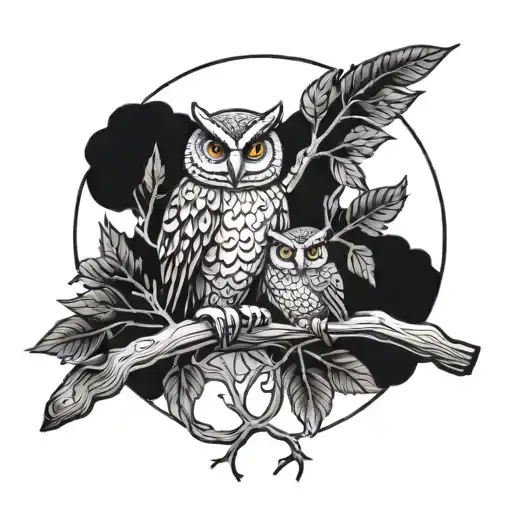 Two Owls Perched On A Branch Overlooking A Golf Course