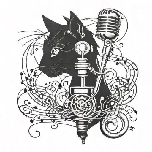 Microphone Intertwined With Musical Notes Forming A Cat Silhouette