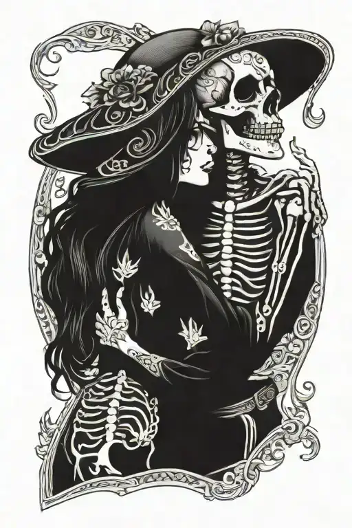 La Catrina Girl Kissing Skeleton Holding Each Other