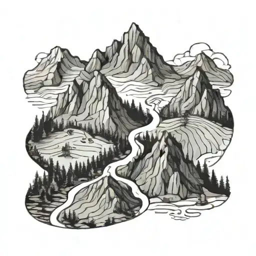A Detailed Blackwork Tattoo Of A Mountain Landscape With Hiking Trails Winding Through It