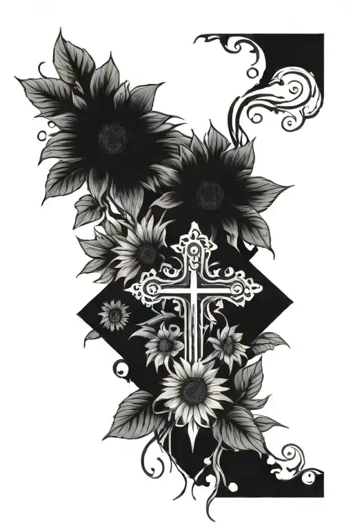 Dark Cross And Sunflowers
