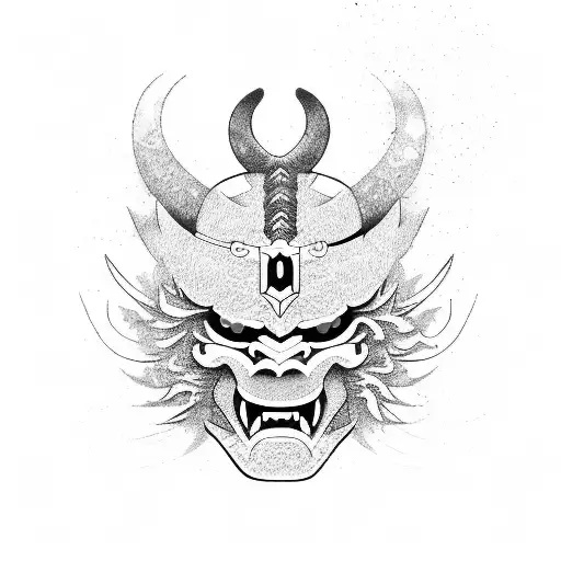 Combine A Japanese Oni Mask And A Katana Into A Single Intricate Design
