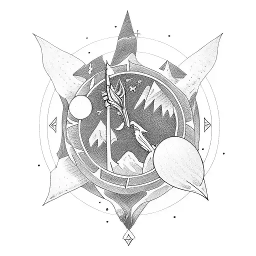 A Blackwork Tattoo Of Artemis Hunting In The Outdoors Under The Moonlight