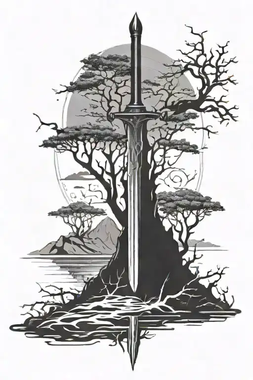 A Sword That Follows The Spine With A Dark Fantasy Landscape Behind It Occupying The Entire Back