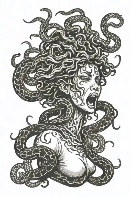 Beautiful And Terrifying Medusa Facing Left And Screaming Surrounded By Snake Hair In Woodcut Style