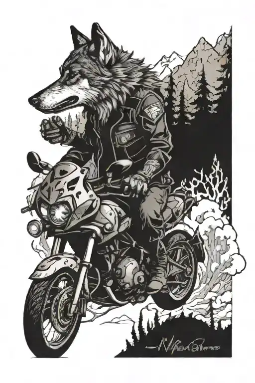 A Wolf Riding A Motorcycle Through A Chaotic Forest
