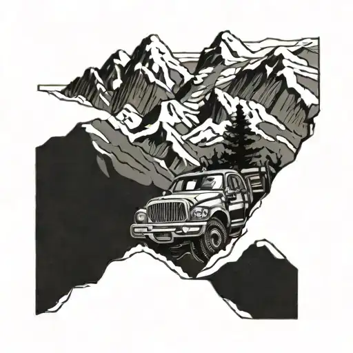 A Detailed Blackwork Tattoo Of A Rugged Truck Cruising Through A Snowy Mountain Terrain