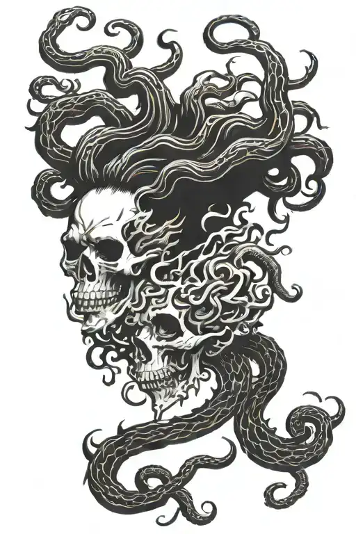 Medusa Facing To The Side And Screaming Skull On Fire