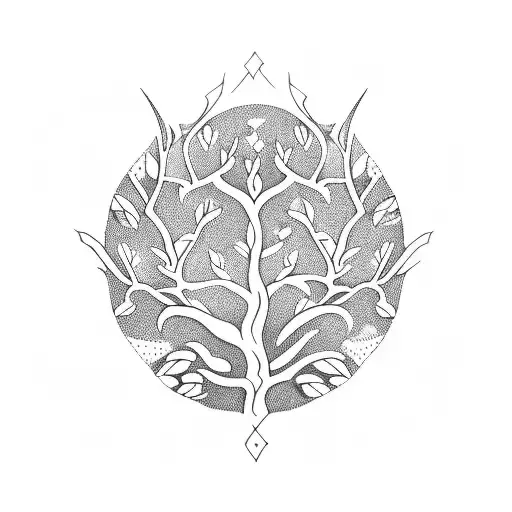 A Blackwork Tattoo Of A Family Tree With Intricate Branches And Leaves